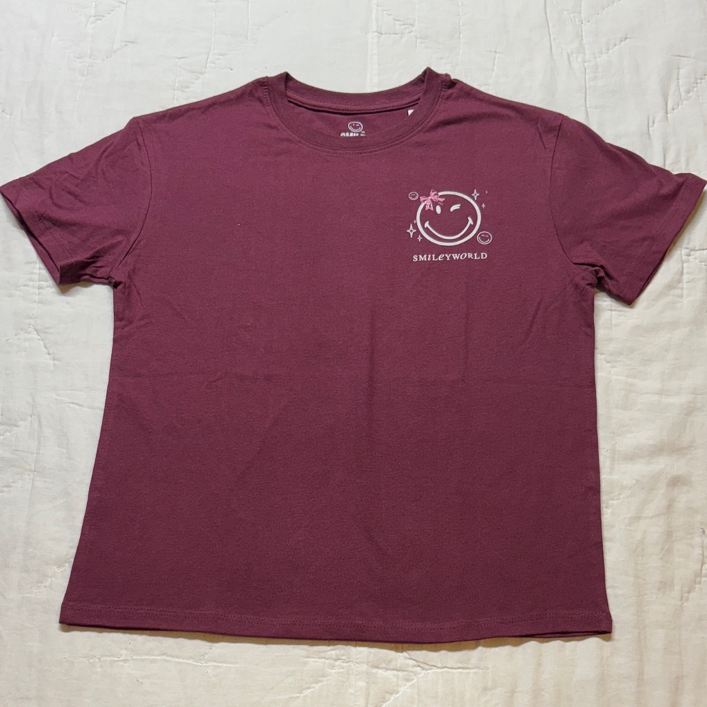 Girls' 90s Style Retro Grunge Maroon SmileyWorld‎ Graphic T-Shirt NWT